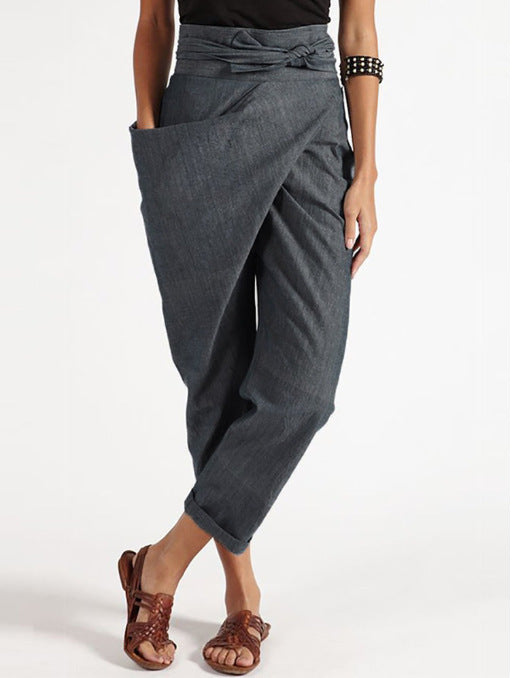 Pantalones de verano tipo harén de algodón hechos a mano de cintura alta con diseño asimétrico