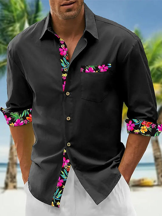 Camisa de hombre de lino floral de manga larga con solapa