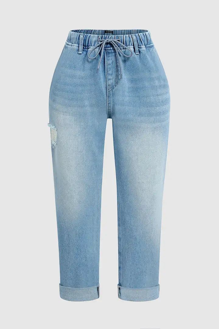Jeans rectos con cintura alta y cordón en la cintura.
